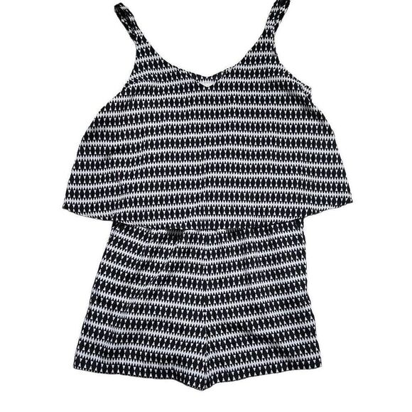Bisou Bisou Michele Bohbot Ladies Size Large Black White Graphic Blouson Romper - Picture 1 of 5